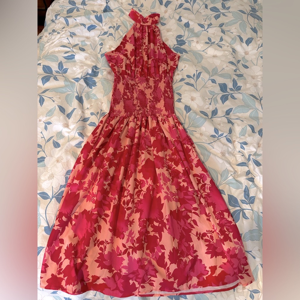 Pink Ripple Floral Halter Neck Dress - Pink and Red size medium